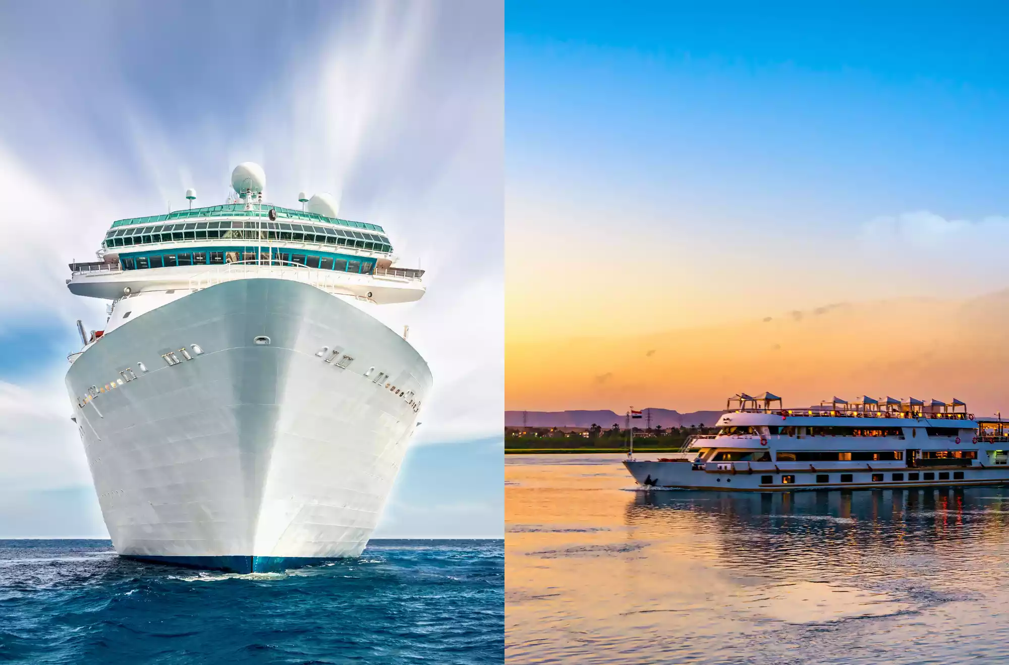 Confronto visivo tra una nave da crociera enorme in mare aperto e una piccola nave da fiume in un canale, per mostrare i diversi tipi di vacanza.
