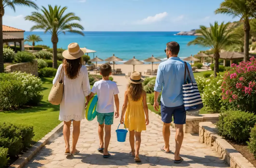 Famiglia in villaggio sul mare durante una vacanza estiva prenotata in anticipo