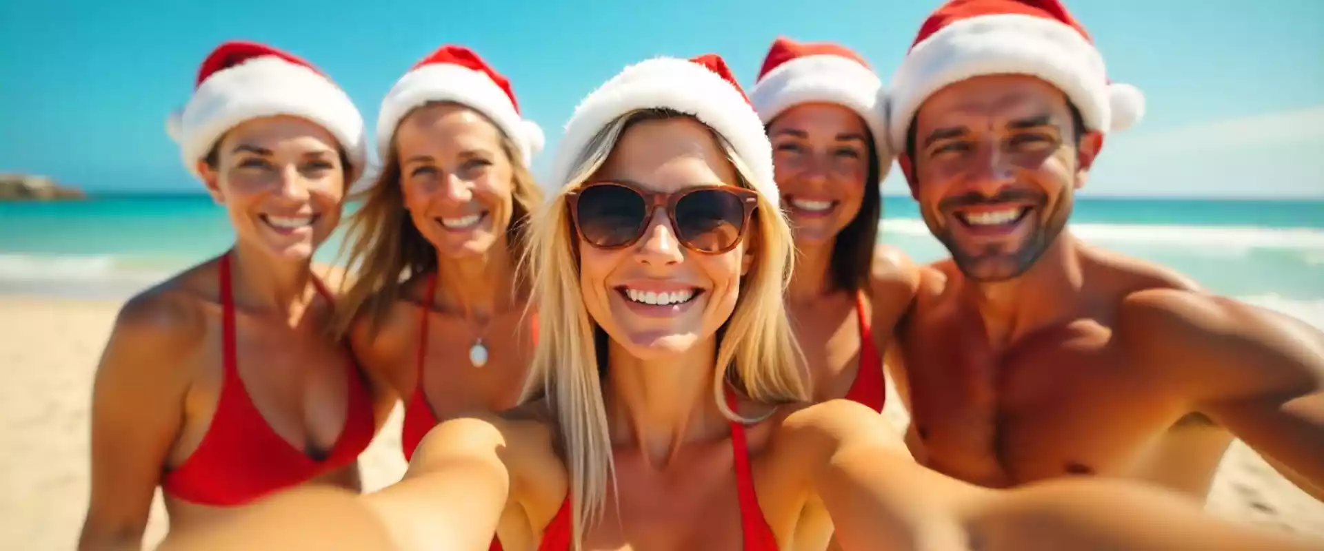 banner natale e capodanno al caldo che raffigura un gruppo di persone che festeggiano le vacanze natalizie su una spiaggia