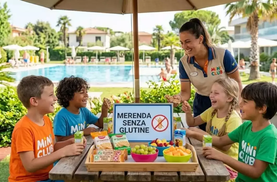 Bambini in villaggio turistico durante una vacanza senza glutine
