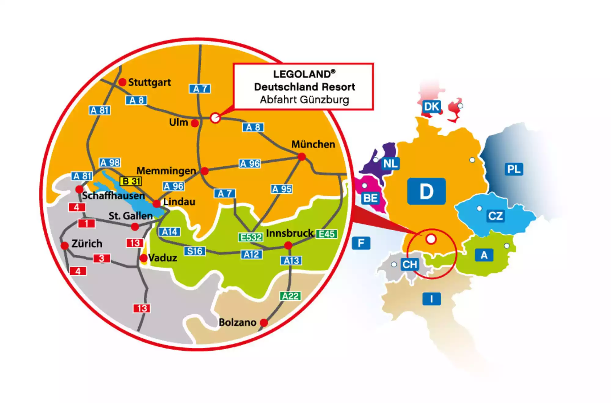 Mappa LEGOLAND Baviera - Günzburg, tra Monaco e Stoccarda – posizione strategica in Baviera