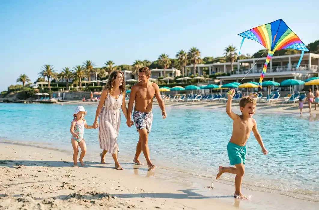 Genitori e bambini in villaggio turistico al mare